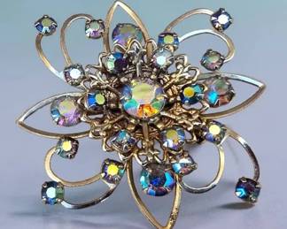 Vintage Aurora Borealis Rhinestone Starburst Floral Brooch