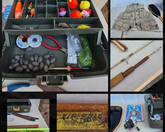 Vintage Fishing Fishing Vest Fiberglass ZipPole Fishing Pole Tackle Box Accessories