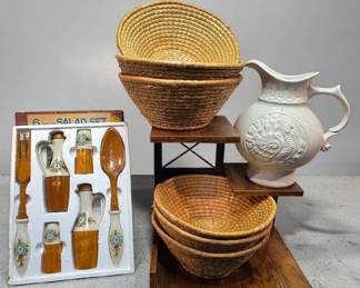 Vintage 1960s McCoy Turkey Pitcher Hand Woven Wicker Baskets 6 And 6 Piece Salad Set
