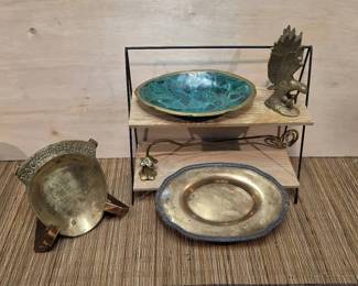 Rare Malachite Jewelry Trinket Tray Brass Eagle Statue Solid Brass Pocket Change Trinket Tray