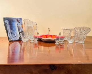 1970s USA Pottery Serving Dish Crystal Pitcher Vases Small Cordial Glasses