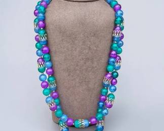 Vintage Hong Kong Double Strand Blue Purple Beaded Necklace Gold Tone Spacer Accents