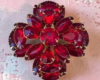 Vintage Ruby Red Rhinestone Floral Brooch