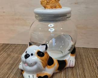 Vintage Kitty Cat Cookie Jar With Fish Bowl Gold Fish