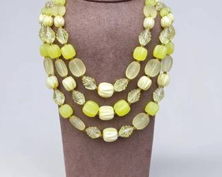 Vintage W. Germany Japan Triple Strand Yellow Beaded Necklace Frosted Marbled Lucite Beads