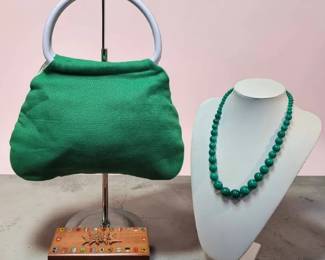 Vintage Edelweiss Music Box Banner House Vintage Handbag 1940s Green Graduated Necklace