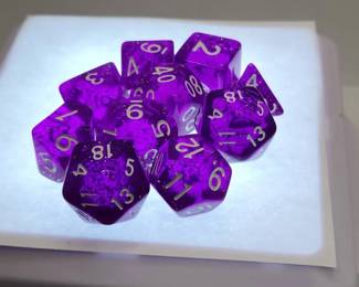 Purple Glitter Polyhedral Dungeons Dragons Dice Set 10Piece Translucent RPG White Numbers