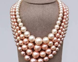 Vintage Japan MultiStrand Champagne Blush Faux Pearl Necklace Graduated Layered
