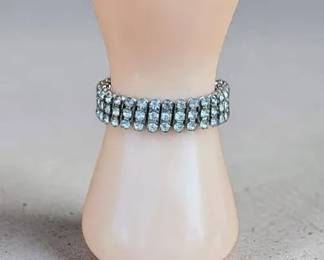 Vintage Japan Rhinestone Stretch Bracelet Triple Row Silver Tone Expansion Bracelet