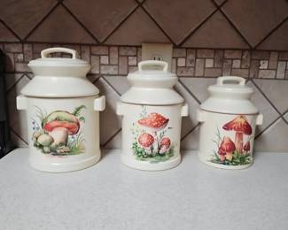 Vintage Mushroom Ceramic Canister Set 3 Kitchen Storage Jars Cottagecore Kettle Bell Lids