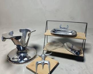 Vintage Ham Holder Butter Dish With Spreader Holder And Glass Insert Longhorn Carving Fork
