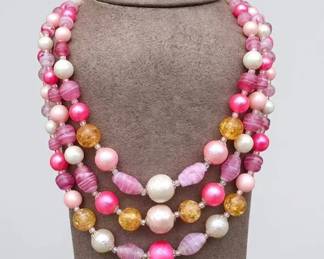 Vintage Japan Triple Strand Pink Beaded Necklace Marbled Lucite, Faux Pearl Gold Confetti Beads