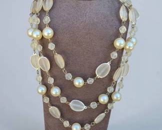 Hong Kong Vintage Triple Strand Faux Pearl Lucite Beaded Necklace