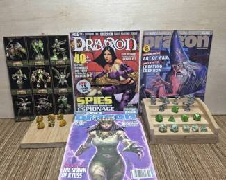 03 Vintage Dungeons Dragons Dragon Magazine Lot Polyhedral Dice, Miniatures Monster Cards RPG