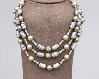 Vintage Hong Kong Triple Strand Gray Marbled Lucite Beaded Necklace Faux Pearl Gold Tone Accents