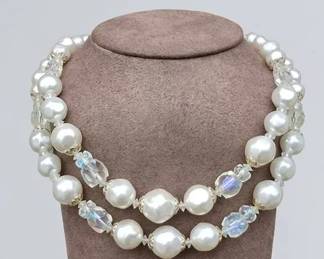 Vintage Japan Double Strand Faux Pearl Aurora Borealis Crystal Necklace