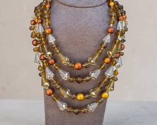 Vintage W. Germany MultiStrand Layered Amber Glass Beaded Necklace
