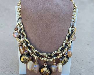 Ruby Rd. Gold Tone MultiStrand Statement Necklace Faux Pearl, Coin Charm Bib Necklace