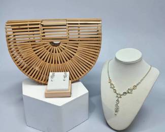 Vintage Bamboo Clutch Vintage Avon Floral Enamel Y Necklace Matching Earrings