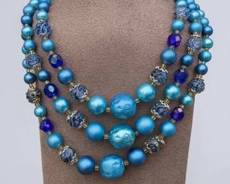 Vintage Japan Triple Strand Blue Beaded Necklace Satin Glass, Art Glass Faceted Crystal Beads
