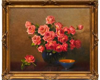 Aubrey Dale Greer (Oklahoma / Texas, 1904-1998), still life with red roses, oil on canvas, signed and dated lower right, 1986