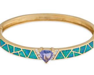 14K Tanzanite, Opal, and Diamond Hinged Cuff