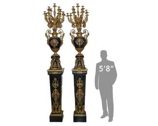 Monumental Italian brass mounted black ceramic candelabra 