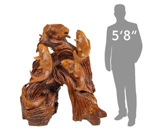 Monumental carved wooden Chinese koi sculpture