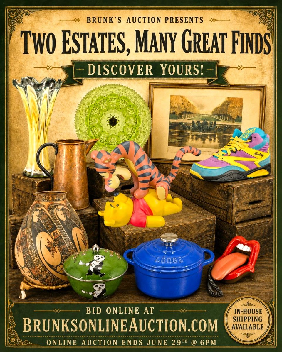 Estate auction, online auction, Brunks Auction, two estates, household goods, vintage finds, collectibles, home decor, furniture, dresser, dining table, dining chairs, faux plants, floor lamp, table lamp, framed art, abstract art, wall art, decorative art, vintage pennants, sports pennants, baseball memorabilia, football memorabilia, soccer memorabilia, New York Mets, Baltimore Colts, Minnesota Twins, Washington Senators, University of Washington Huskies, Phoenix Pride, Baltimore Blast, San Diego Sockers, Cleveland Force, Pittsburgh Spirit, vintage sports, sports collectibles, Marilyn Monroe books, Marilyn memorabilia, coffee table books, vintage books, decorative books, jewelry, costume jewelry, statement necklace, rhinestone jewelry, gold tone jewelry, bracelet, brooch, pendant, fashion accessories, collectible accessories