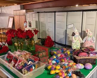 Easter decorations, Christmas bows and faux poinsettia flowers.