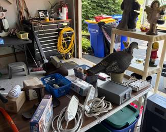 Bow saw, power strips, extension cords vintage cobblers shoe stand and more.