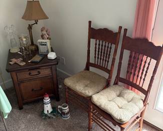 Pair of matching chairs, lamp table and swivel lamp.