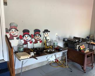 Homemade snowman, sanding sheets, hand, saw, belt  driven-circular saw, electric drill, electric, jigsaw and more.