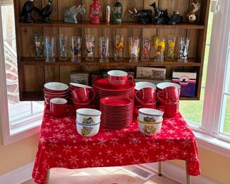 Set of red casual dishes, General Mills bowls, vintage Avon decanters all with original boxes, full set of 1973 looney tunes glasses.