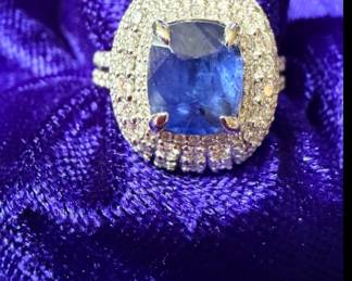 Sapphire, diamond and platinum ring