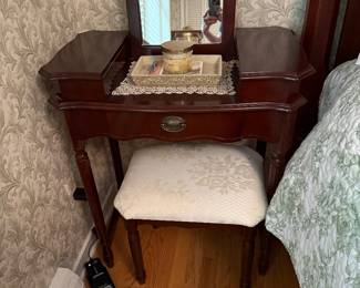 Mahogany dressing table with upholstered bench $50