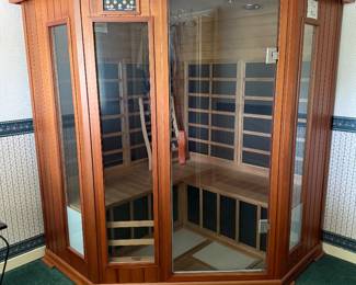 Finnleo Saunatec (IB-680 EX/E400-CX) Top of the line four person far infrared corner sauna room.  Canadian Red Cedar with color light therapy system, remote controlled AM/FM radio and CD/DVD player.  Heated seats and ceramic floor tiles for added comfort.  Two removable back rests included. Panels snap apart for moving.     $3,000