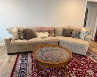 Stickley sofa, oriental rug, coffee table