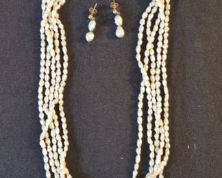 MultiStrand Freshwater Pearl Necklace and Earring Set with Sterling Silver Clasps and k Gold Backs
