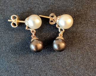k Gold White and Black Pearl Drop Earrings