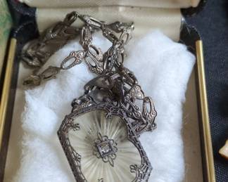 Art Deco Camphor Glass Filigree Pendant Necklace