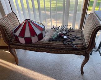 Nice bench, stained glass shade