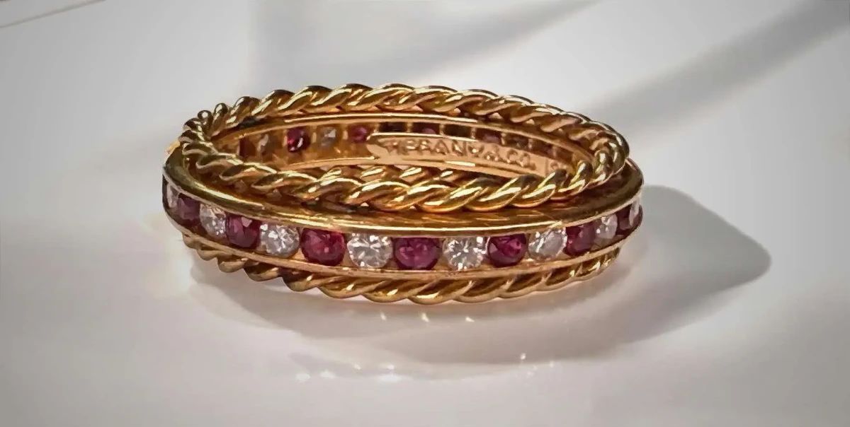 Tiffany  Co 18K Band With Diamond  Ruby Accents