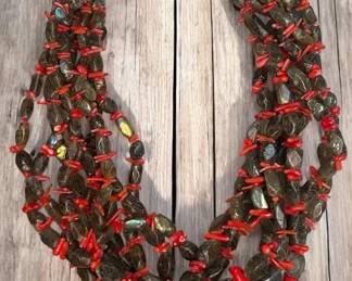 MultiStrand Necklace In Labradorite and Red Coral