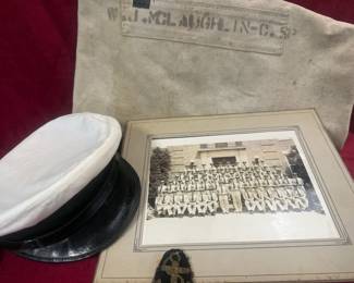 WWII Navy Officers Hat, Duffle Bag  Military Photo
