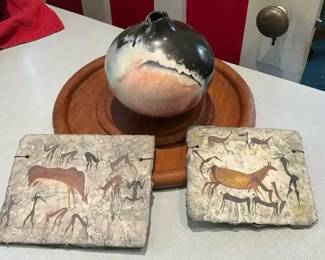 1997 Artist Signed Studio Pottery Vase  Painted Slate Cave Paintings