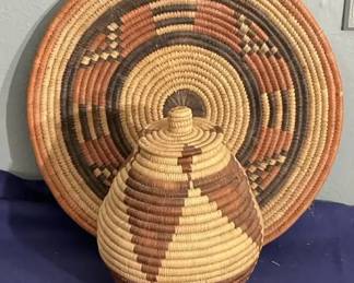 Vintage Woven Grass Basket  Lidded Jar