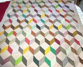 Signed Hand Stitched Tumbling Blocks Quilt