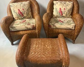 Pair Of Rattan Malabar Arm Chairs  Foot Stool