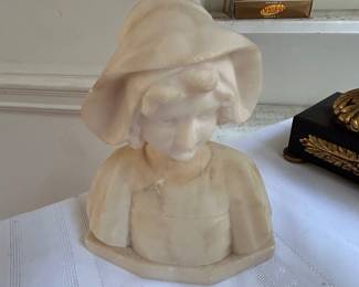 Italian Alabaster Bust of a Young Girl in a Bonnet